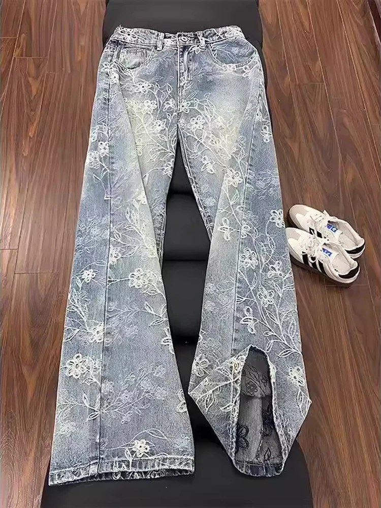 American High Street Waed Embroidered Flared Jeans mid Waist Straight Leg Blue Denim Pants for Men Autumn Slim Fit Long Tro...