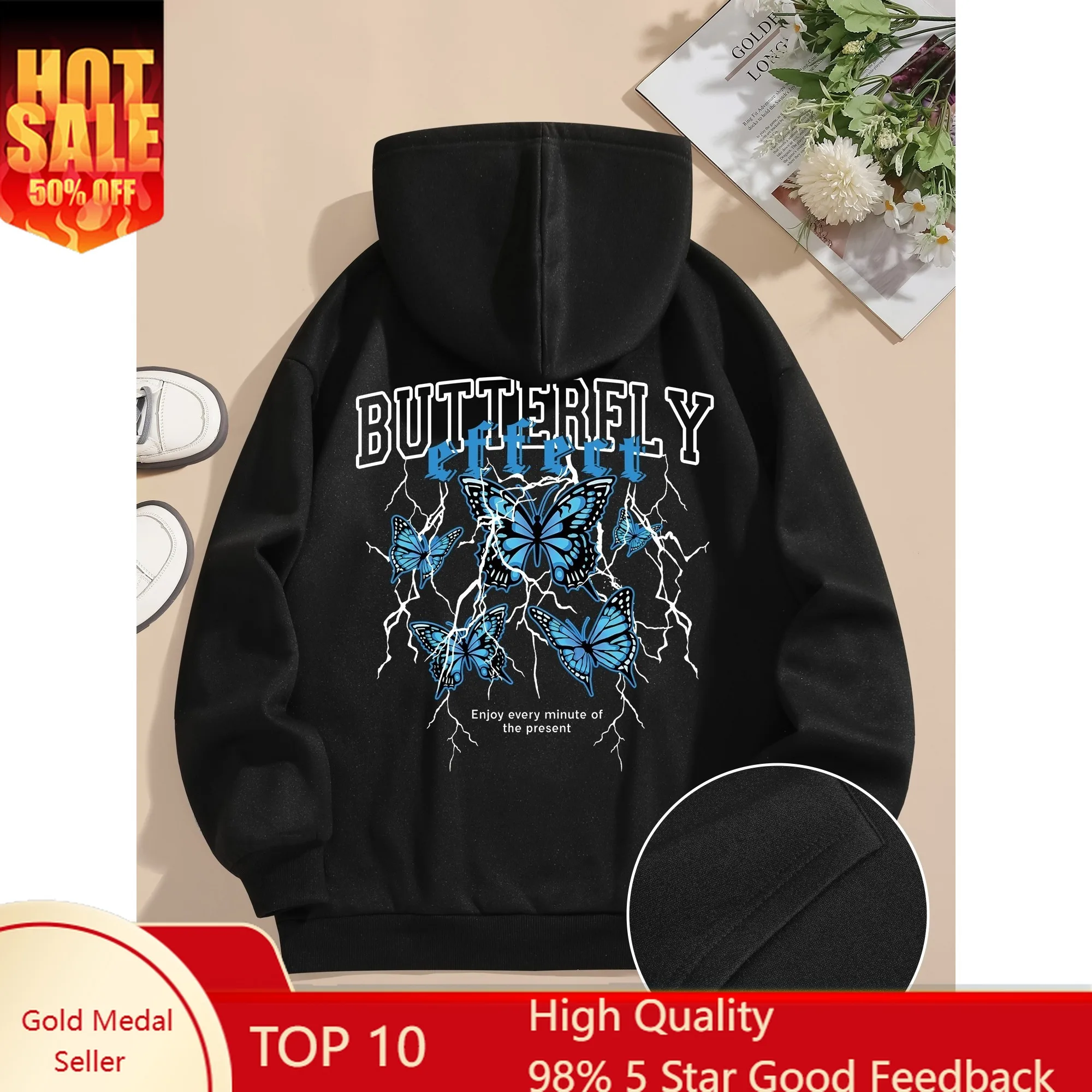 Cozy Fleece-Lined Butterfly Graphic Hoodie for Women - Casual Long Sleeve with Drawstring & Front Pocket, Machine Washable