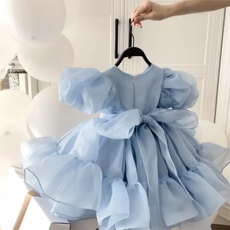 New 2025 Summer Girls Princess Dress Blue Japanese Korean Style Back Bow Tie Sweet Dress for Toddler Kids Dresses for Girls