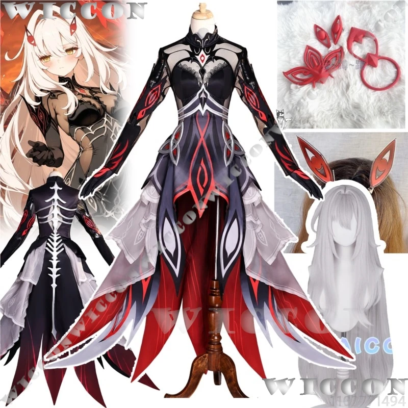 Ruler of Death Ronova Genshin Impact Game Cosplay Costume Full Set Black Red Dress Silver Wig Red Headwear Woman Girl Halloween