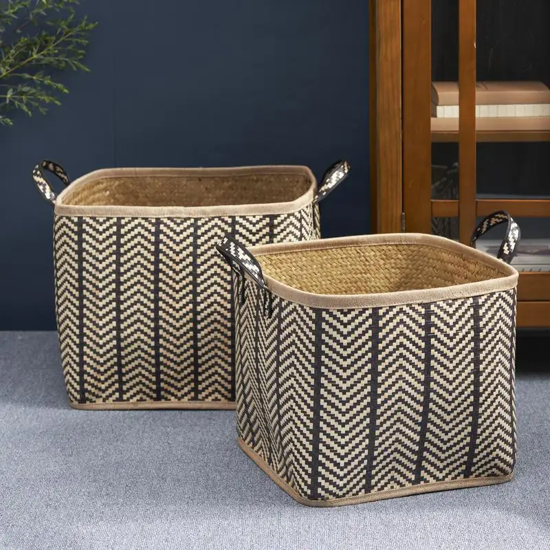 Set of 2 Square Woven Wicker Storage Baskets with Handles - 14"x14"x15" & 16"x16"x17" - Black & Brown - Ideal for Clothes,