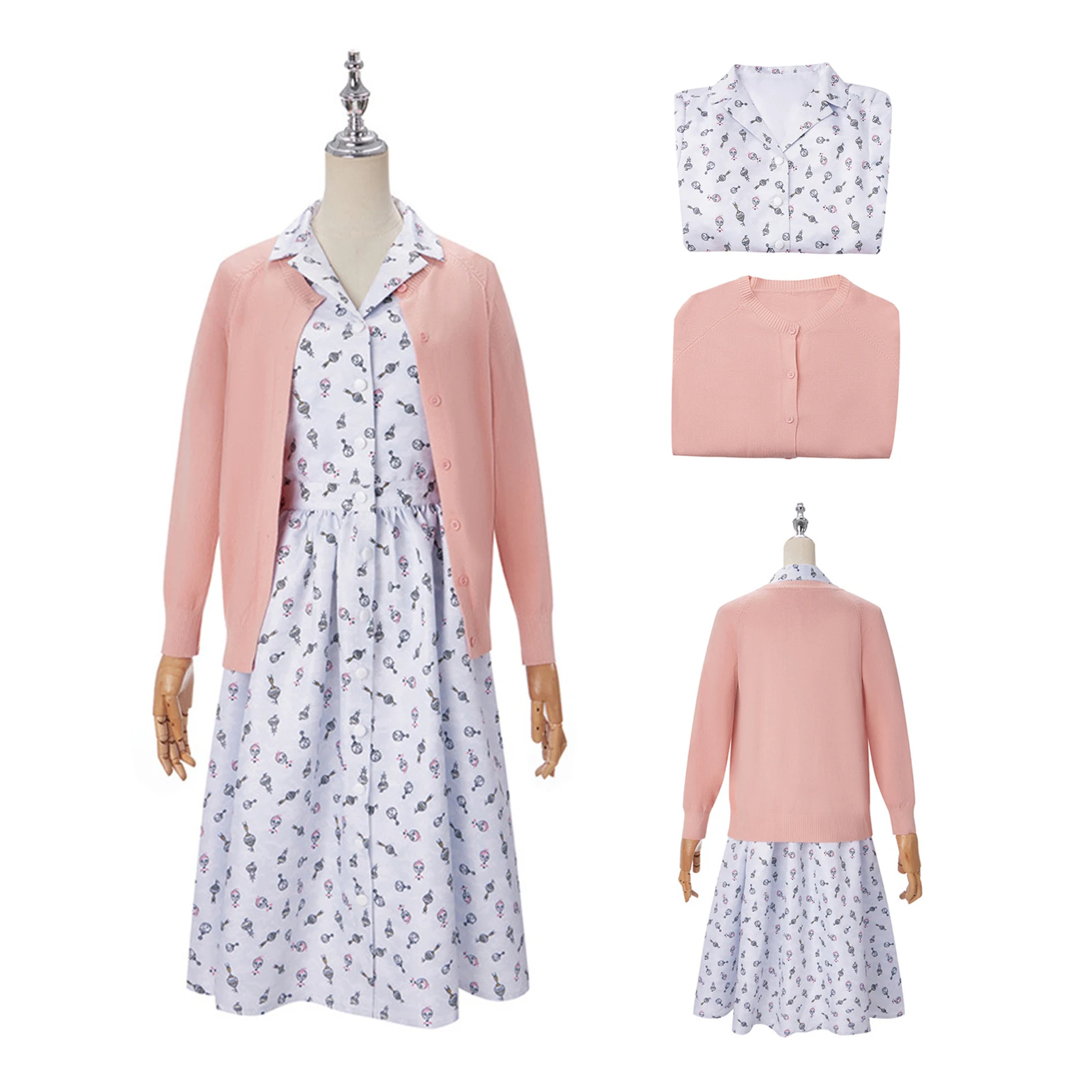 Matilda Miss Honey Cosplay Costume Musical Women White Floral Dress With Knitted Sweater Halloween Carnival Party Outfit