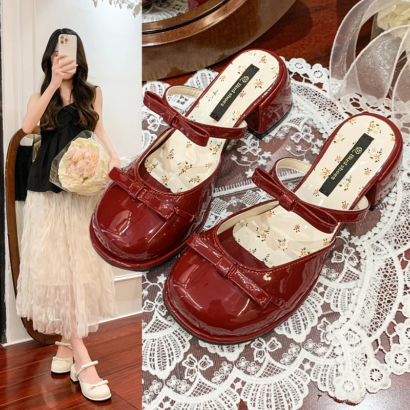 Bow Mary Jane Baotou Sandals Women 2025 Summer New Outside Wear Fairy Skirt Fashion Block Heel High Heels