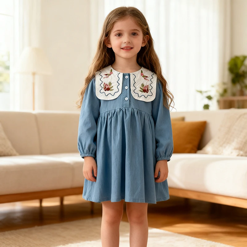 2026 New Spring Girl Lapel Embroidery Party Dress Long Sleeved Cotton Splicing Kids Princess Dresses 2-6Yrs Children Clothes