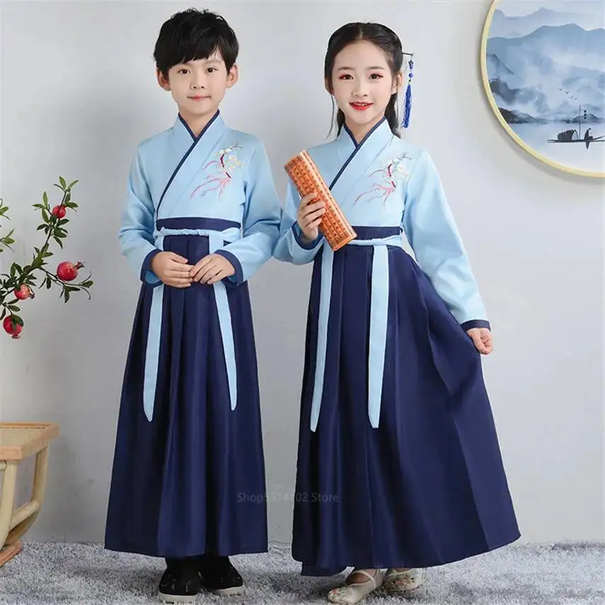 Clothing Chinese New Ancient Traditional Set for Kid Boy Girl Long Sleeve Folk Dance Hanfu Ink Painting Print Performance Dress