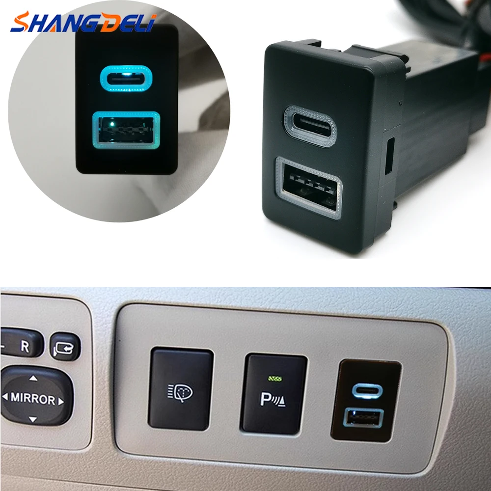 Car Blue LED Light Dual Charger Socket QC3.0 USB Type-C PD Phone Charging Outlet Power Adapter For Toyota LC120 Prado 16-20