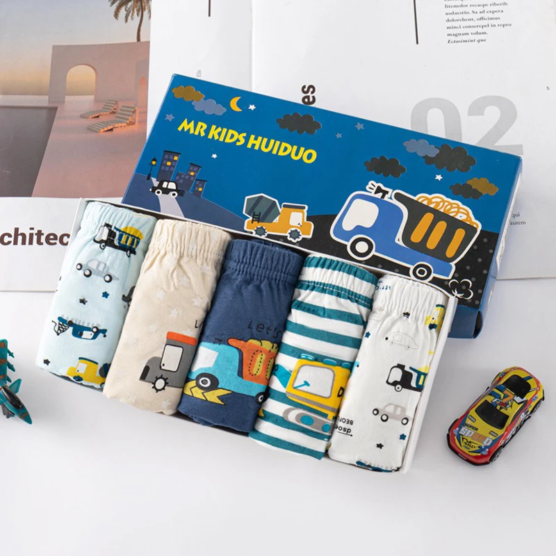 5-Piece Set of Children Cotton Underwear Comfortable Breathable Elastic Daily Boys Briefs Car Pattern Kids Triangle Underwear