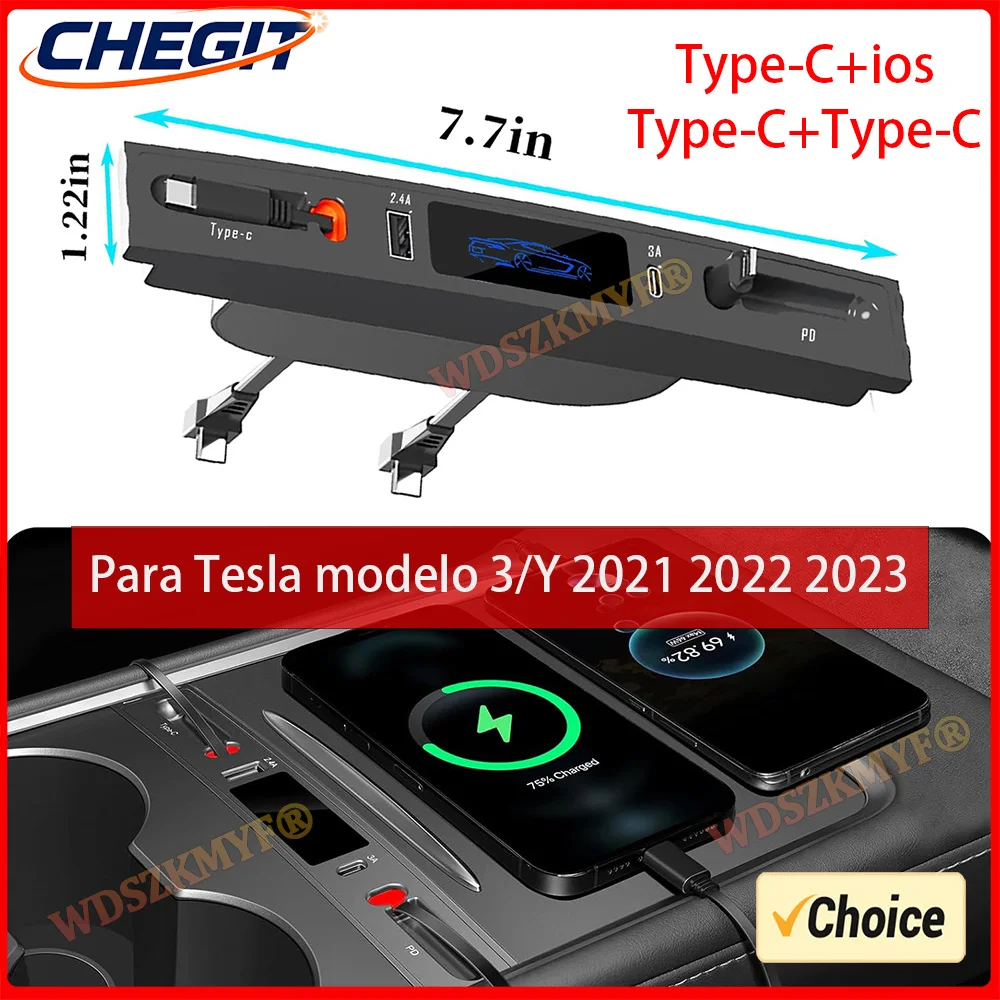 4 in 1 For Tesla Model 3 Model Y Car USB Charger TypeC with Retractable Cable USB Center Console Adapter 27W PD Type C QC 3.0