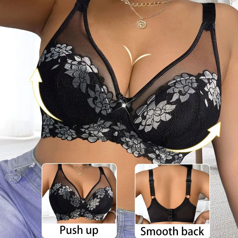 Plus Size Lace Underwear Set with Underwire, Adjustable Straps Bra & Panty Set for Women, 85C-110F (38C-44F)