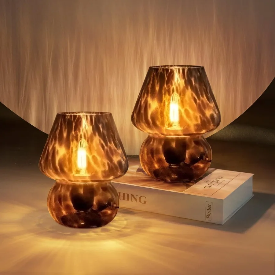 Mushroom Lamp Small Vintage Table Lamp for Bedroom Set of 2 Nightstand Bedside Lamp Translucent Glass Dimmable Murano Aesthetic
