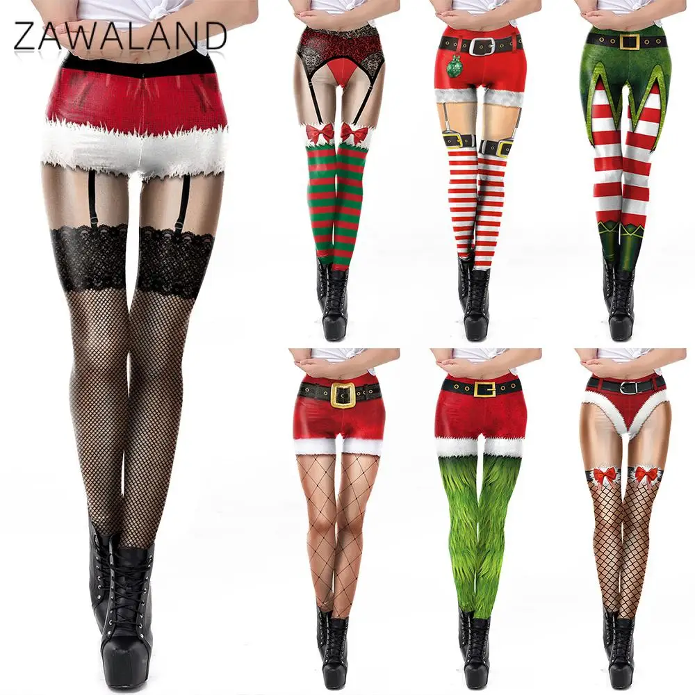 Zawaland Christmas Yoga Leggings for Women Funny Red Stripe Silk Sock 3D Print Fitness Workout Trousers Xmas Party Leggings