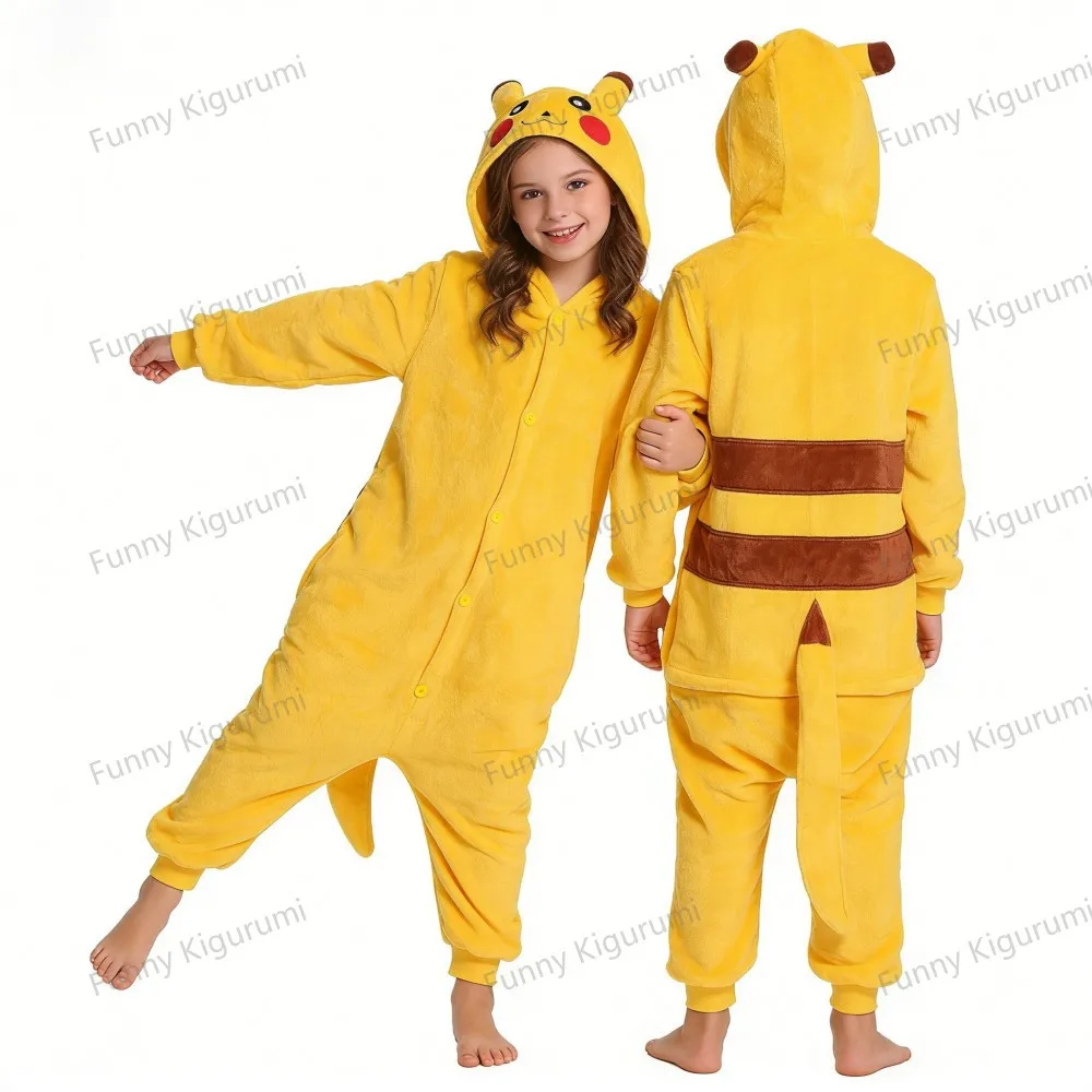 Winter Flannel Pikachu Kigurumi Onesies Soft Animal Cospaly Costumes Children's Warm Homewear Clothes Kids Pajamas Sleepwear