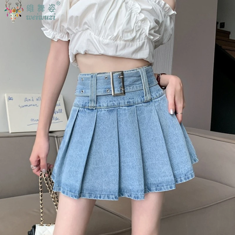 Preppy Style Korean Women's Denim Short Skirts with Belt High Waist Jeans Skirt Y2k Girls Sexy Mini Pleated Skirt Party Clothing