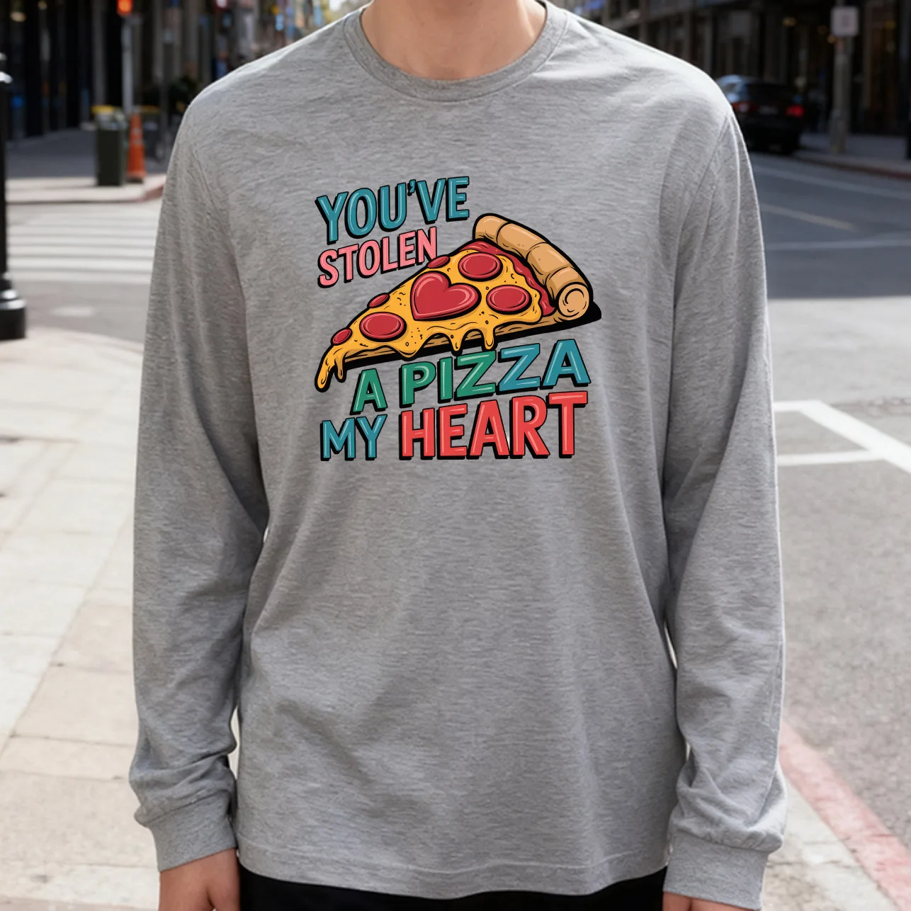 You'Re Stolen a Pizza Men's Long Sleeve T-Shirt 180g 100% Cotton Printed Crew Neck Casual Daily Wear Soft and Breathable