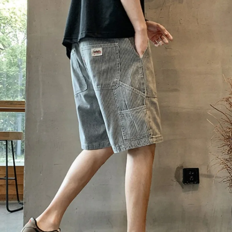 Short Jeans Pants for Men Blue Stripe Baggy Man Half Denim Shorts Buttons Trend 2025 Summer Retro Streetwear Popular Thin Rude