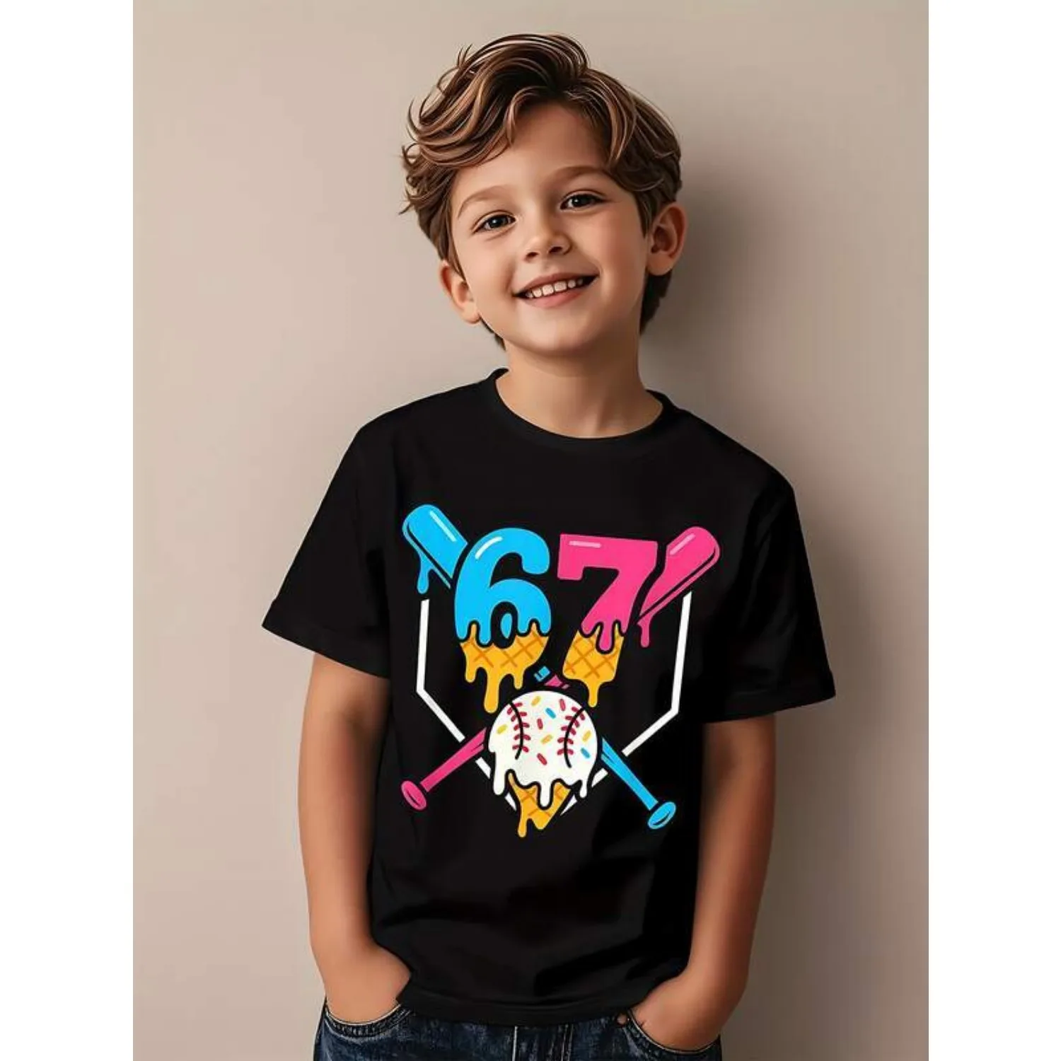 Boys' Digital Meme T-Shirt - 67 Gesture Symbol And White 67 Print - Casual Street Style Short-Sleeved Round-Neck T-Shirt