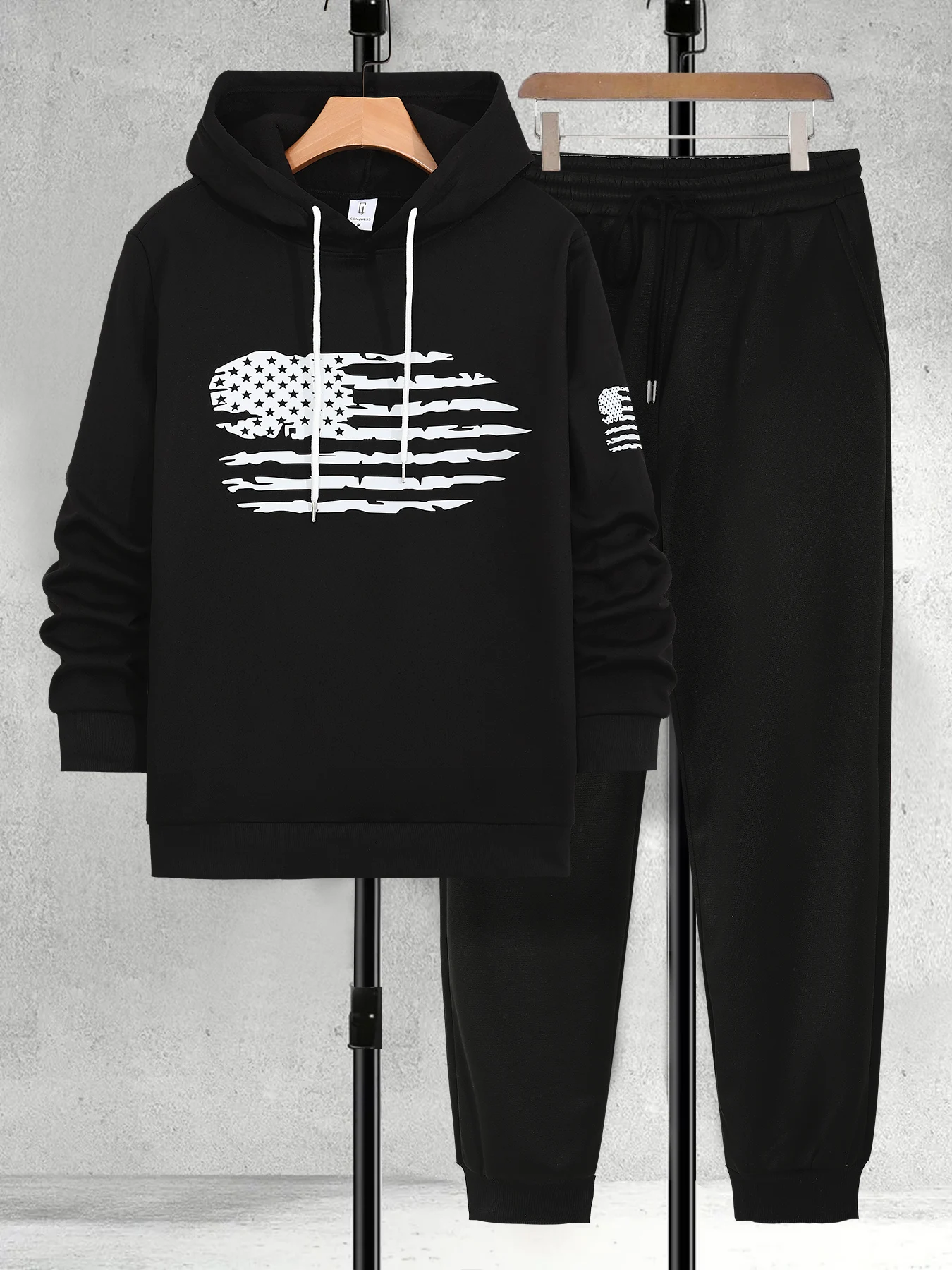 Men's Black Hoodie Set Trendy Flag Smash Print Casual Joggers Daily Two-Piece Suit Streetwear Comfortable Breathable Clothing