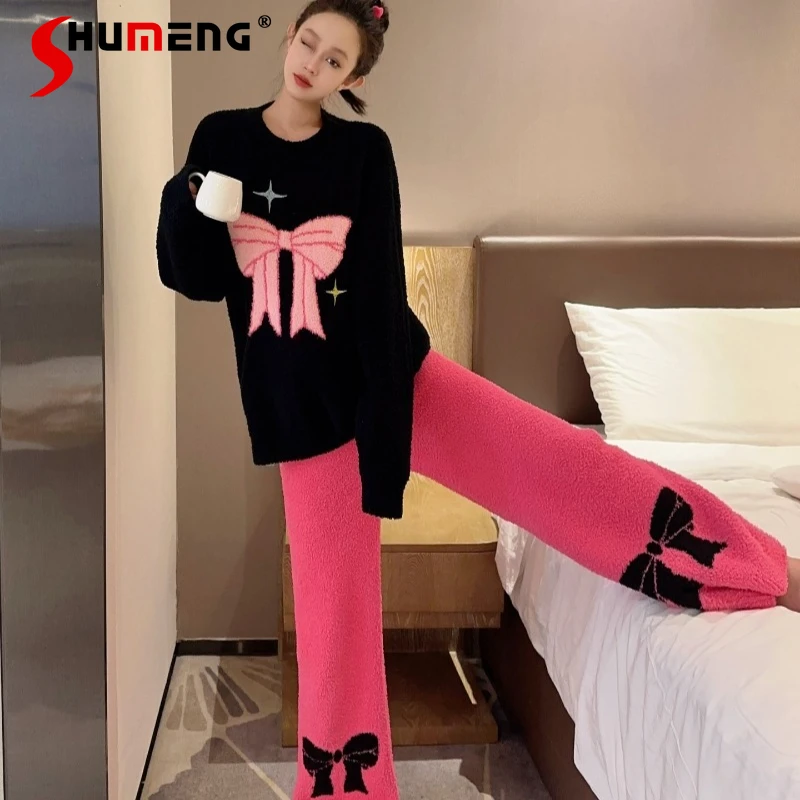 Butterfly Knot Cute Pajamas Suits for Women Autumn Winter Velvet Homewear Female Japanese Style Thickened Coral Fleece Set