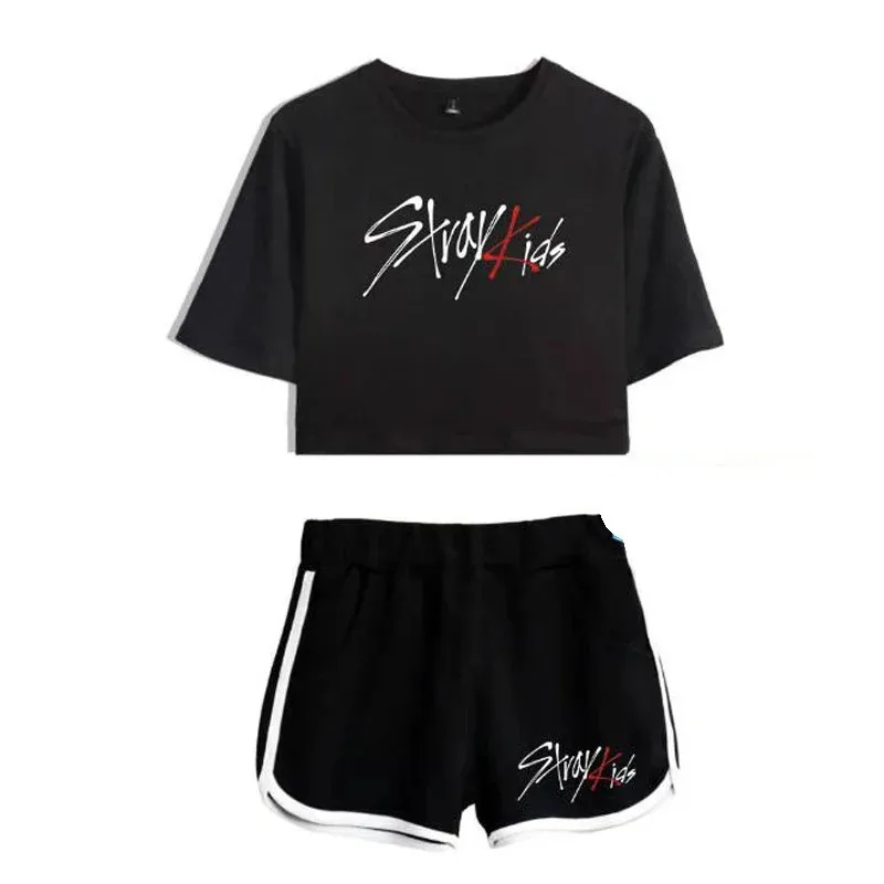 Summer Women's Sets Korean style KPOP Stray Kids 4MJK8E64 Short Sleeve Crop Top + Shorts Sweat Suits Women Tracksuits Two Piece