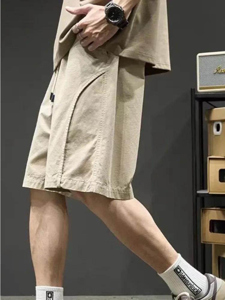 With Pockets Wide Draw String Bermuda Elastic Waist Baggy Solid Loose Men's Cargo Shorts Male Short Pants Long Half 2025 Fashion