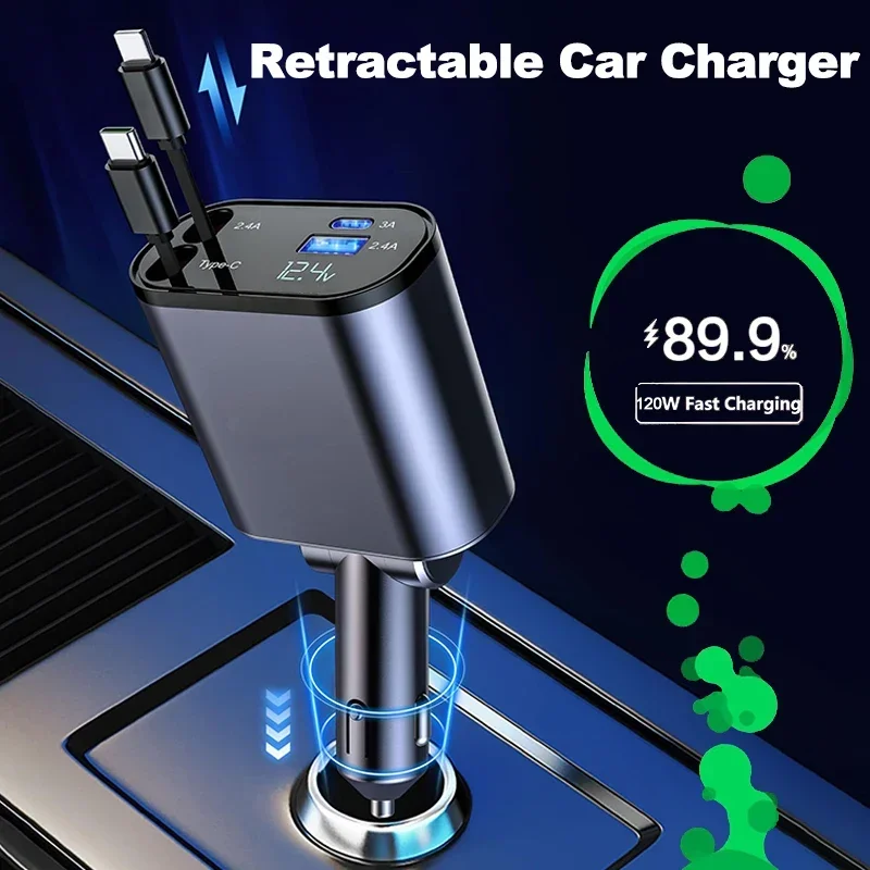 120W Retractable Car Charger 4 in 1 Car Fast Charger For IPhone Samsung USB Type C Cable Fast Cord Cigarette Lighter Adapter