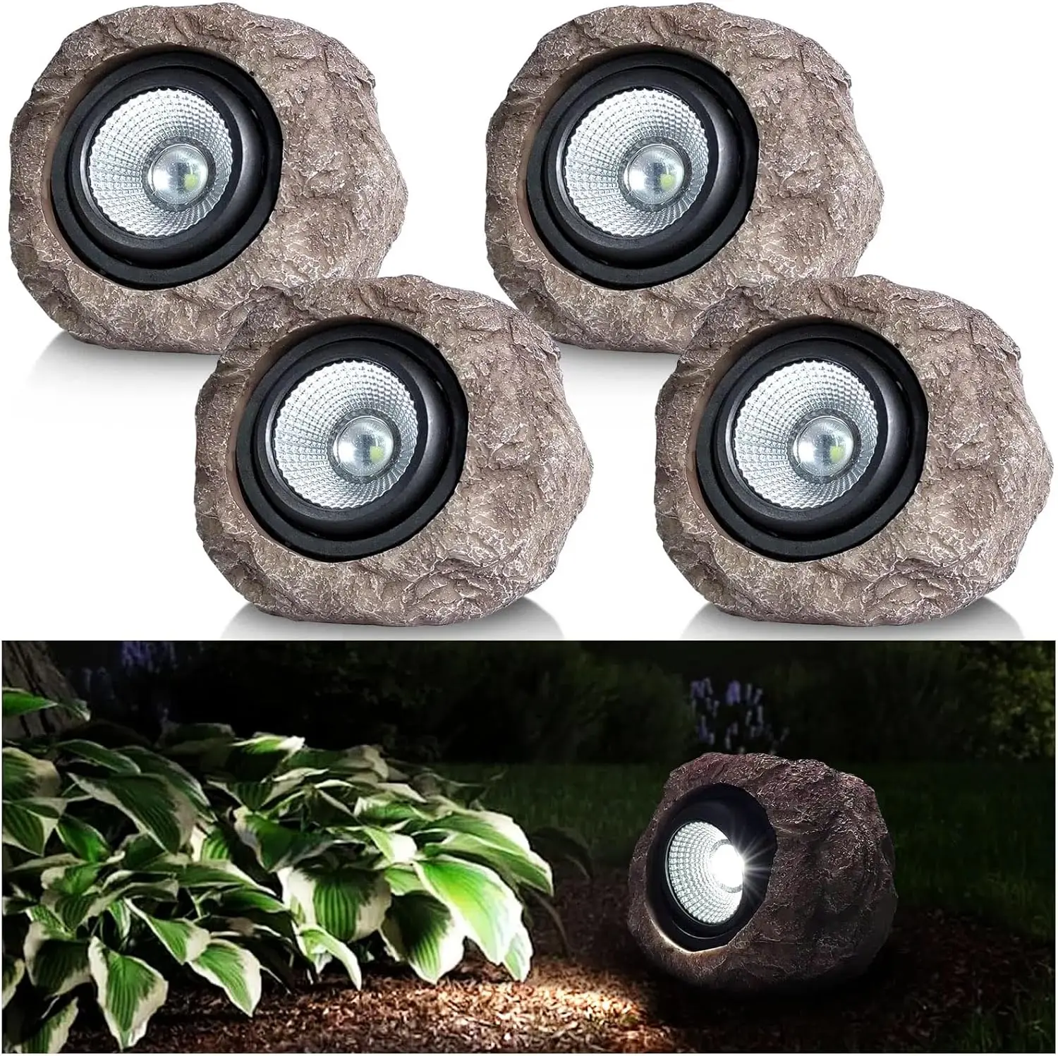 Solar Garden Rock Lights Outdoor - IP65 Waterproof LED Solar Spotlight, Landscape Stone Lights for Pathway, Yard, Patio (4 Pack)