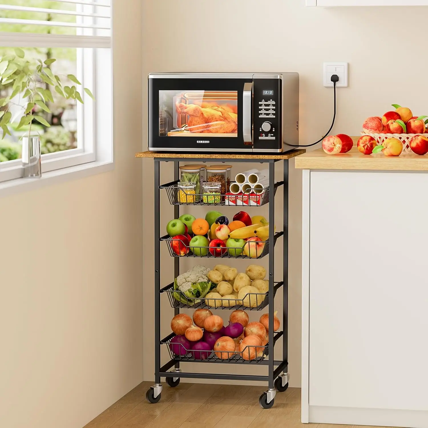 5-Tier Rolling Microwave Cart with Fruit Baskets, Kitchen Storage Organizer on Wheels for Pantry Living Room
