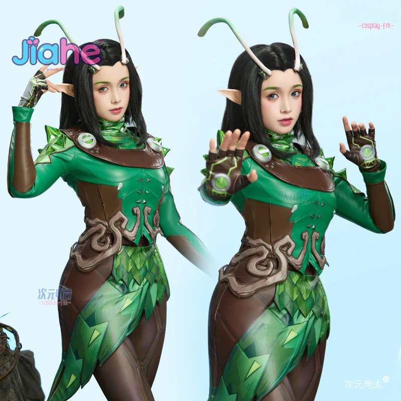 Superhero Mantis Lorelei Rivals Cosplay Costume Women Fantasy Uniform Halloween Green Leather Tight Coat Headwear Gloves Prop