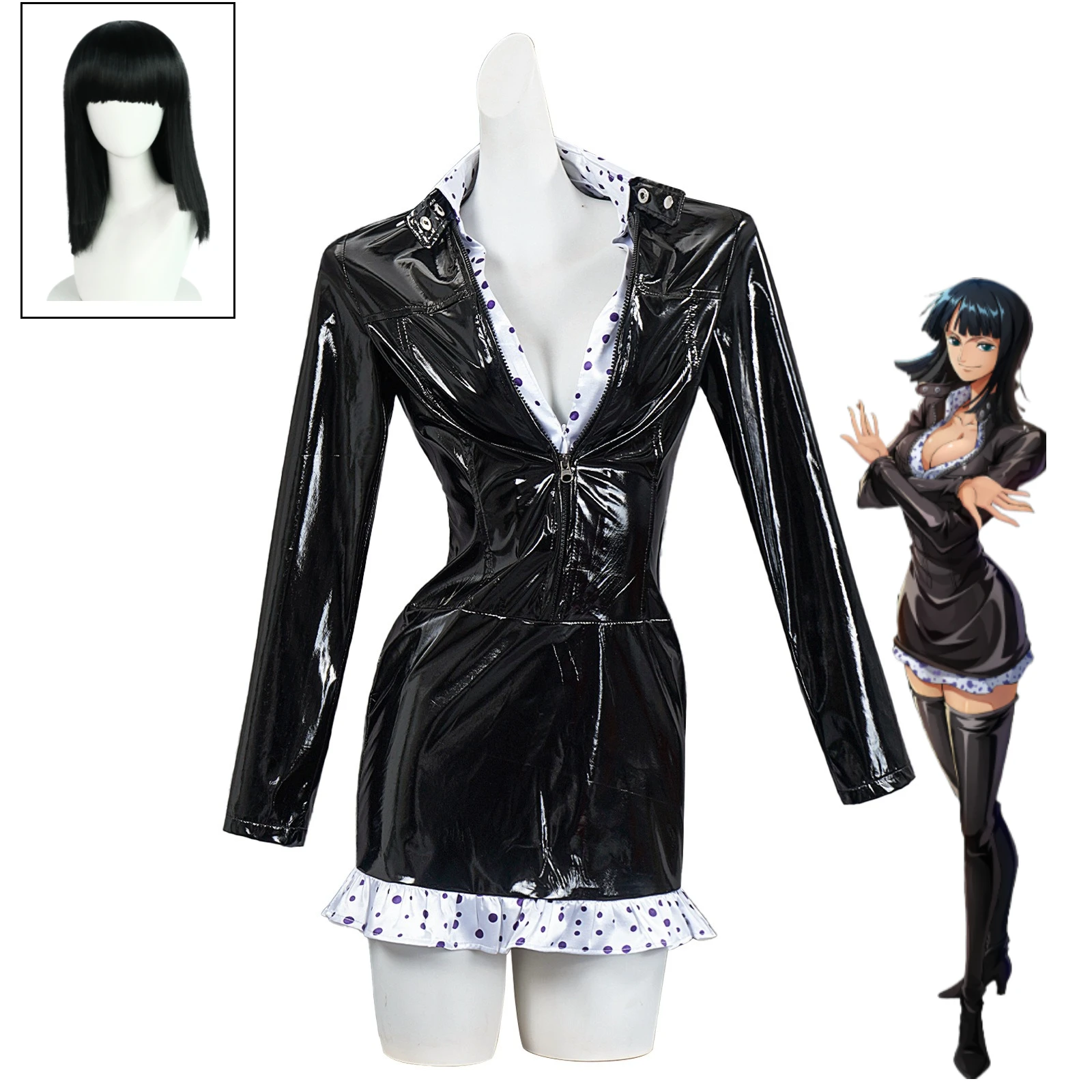 Nico Robin Cosplay Costume Robin 1st GenSexy Deep V Long-Sleeve Black Leather Dress Wig Halloween Carnival Party Women Suit
