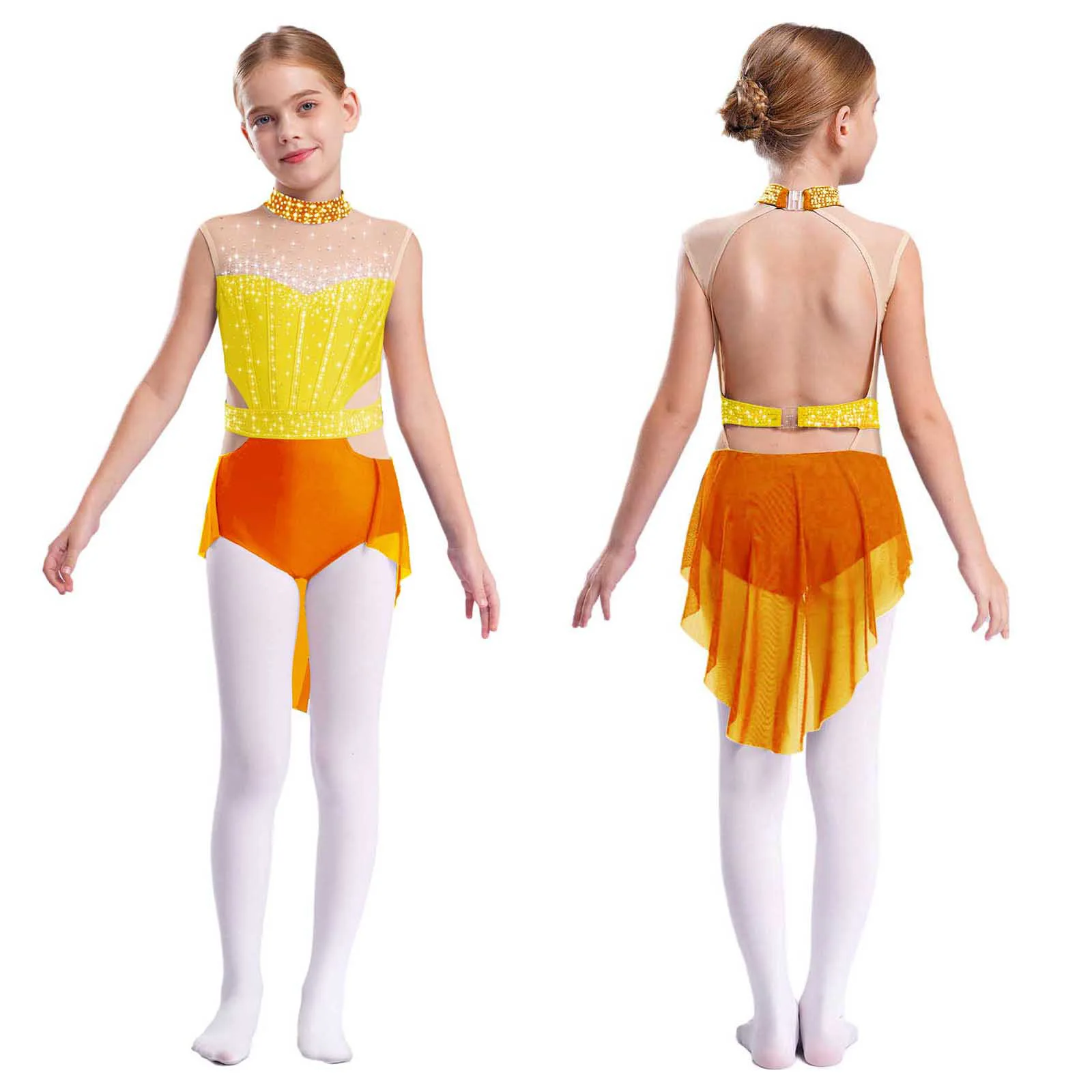 Kids Girls Ballet Dance Dress Lyrical Dancewear Rhinestones Mesh Gymnastics Skirted Leotard Figure Skating Ballerina Costumes