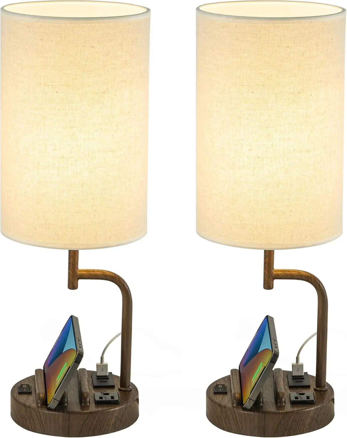 Modern Desk Lamp with 3 USB Ports, AC Outlet & Phone Stands - Perfect for Bedroom, Living Room, Office (2-Pack, Walnut)