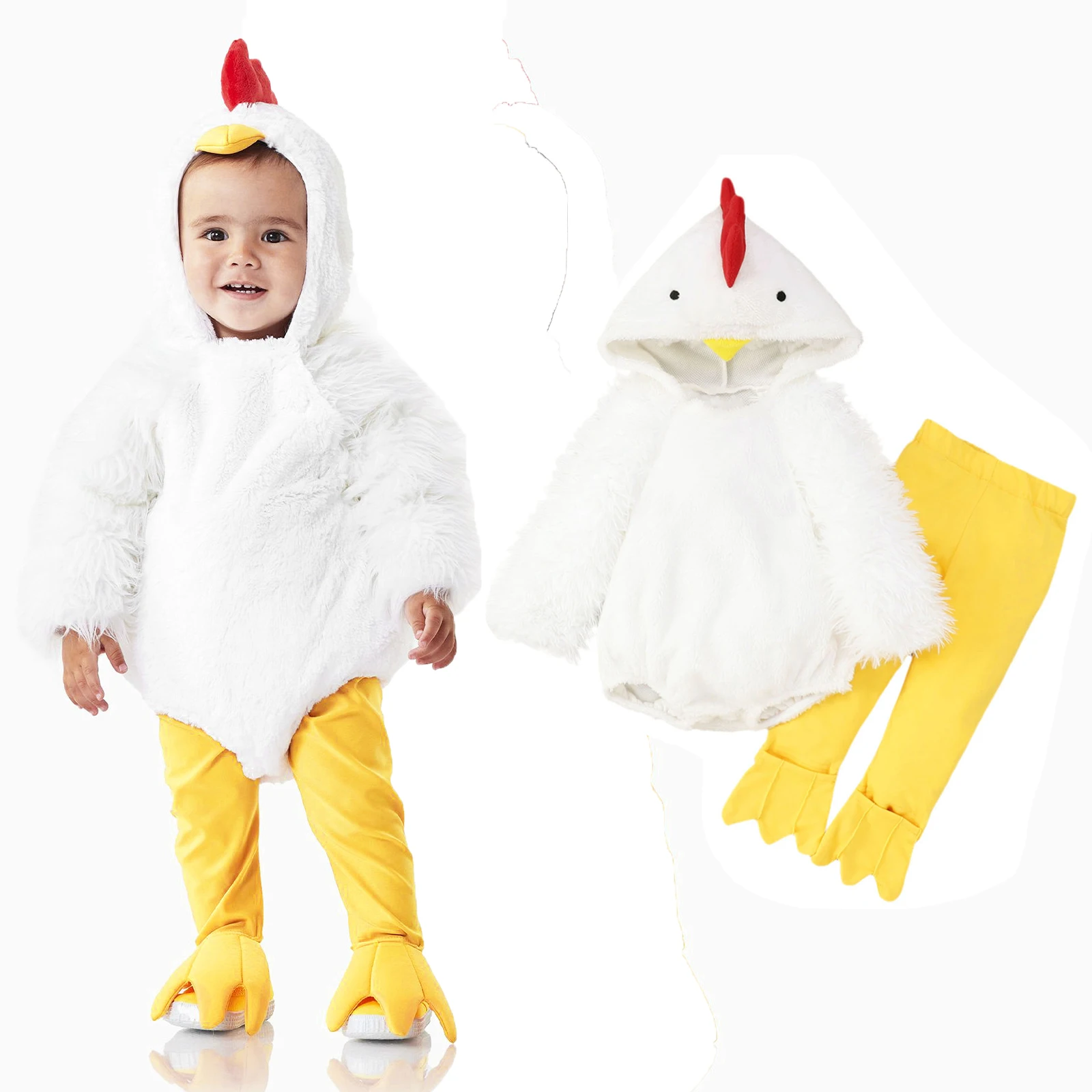 3-36M Baby Toddler Little White Chick Chicken Costume Boys Girls Unisex Halloween Easter Cosplay Fancy Dress Romper Pants Set