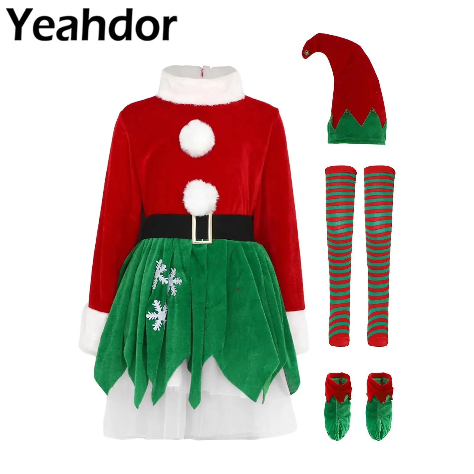 Kids Girls Xmas Christmas Elf Costume New Year Sets Festive Fancy Party Tutu Dress Outfit with Hat Belt Socks for Christmas Show