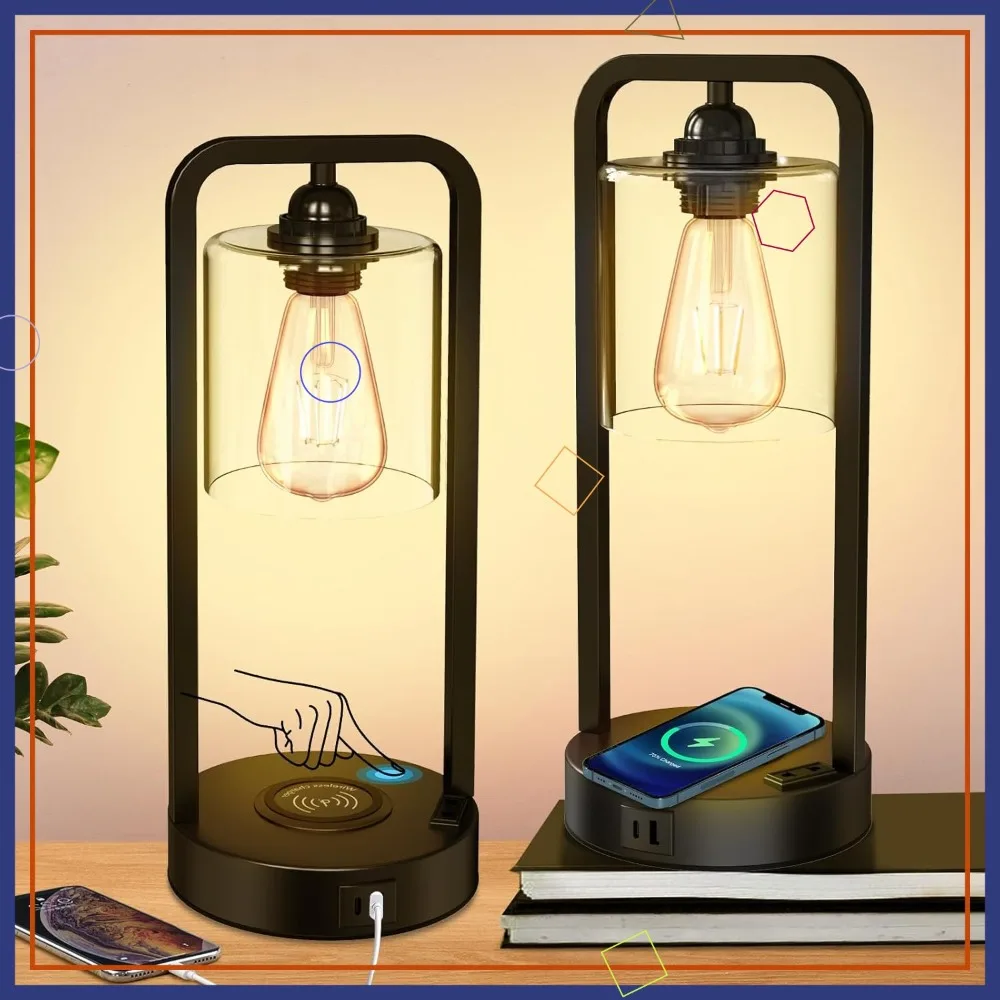 Wireless Charging Table Lamp Set of 2, Touch Dimmable with USB-C & AC Outlet, Glass Shade Industrial Desk Lamp