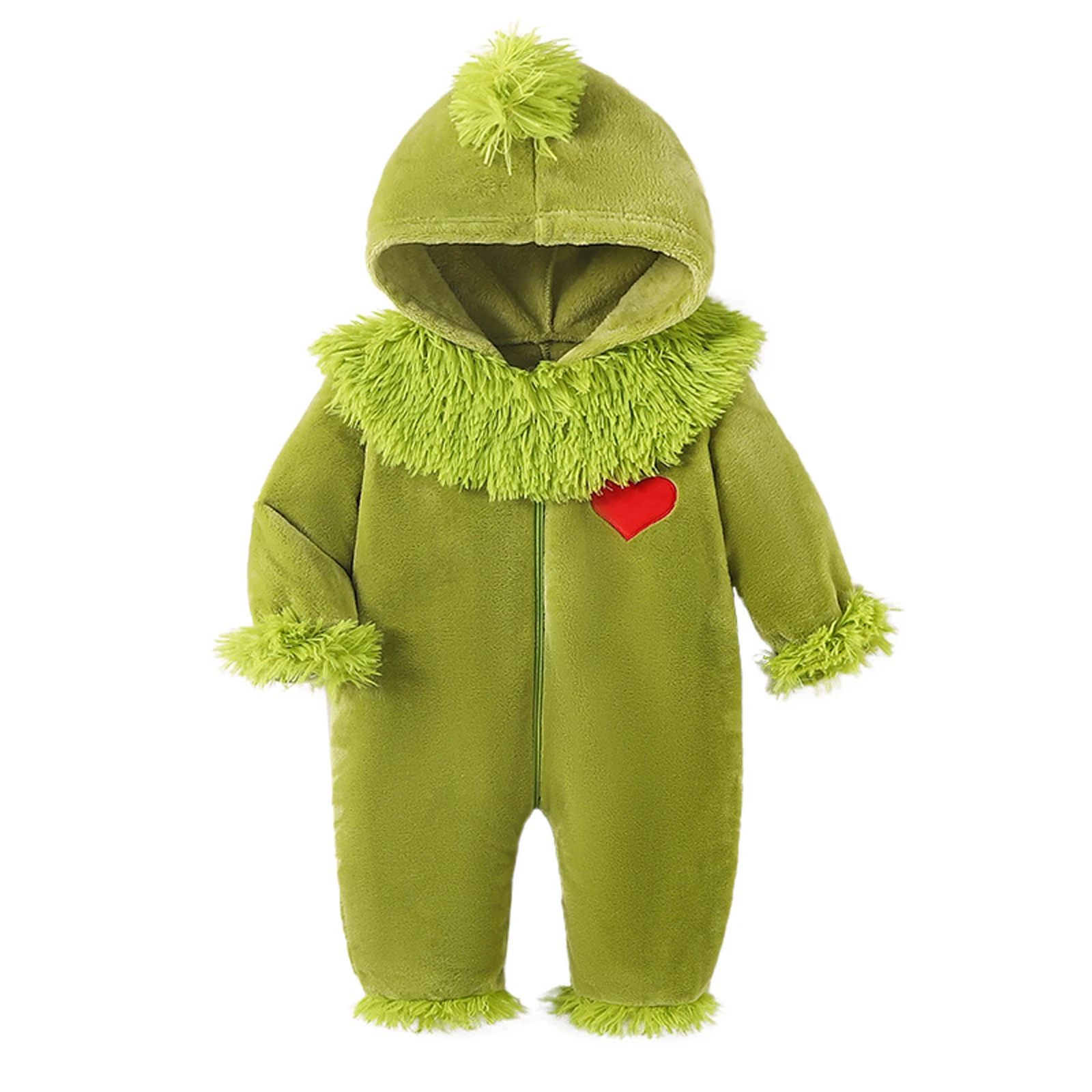 2026 New Years Xmas Baby Green Monster Costume Long Sleeve Heart Embroidery Hooded Romper Newborn Christmas Jumpsuit Costumes