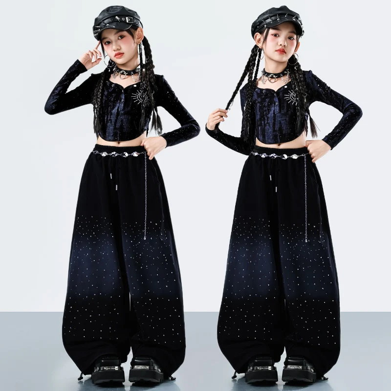 Kids Fashion Streetwear Hiphop Dance Rapper Clothes Girl Hip Hop Long Sleeve T-shirt Pants Set Children Stage Performance Outfit