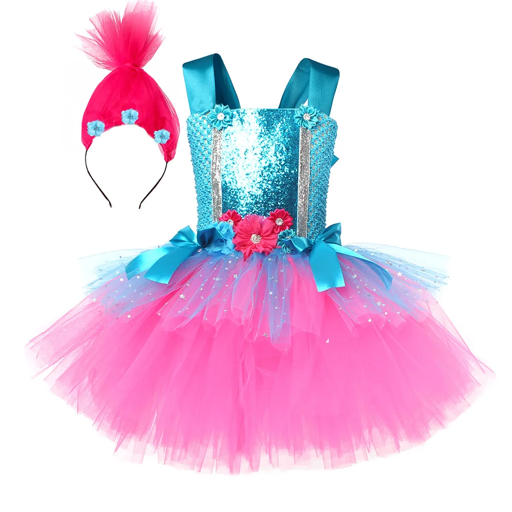 Trolls Tutu Dress for Girls Princess Poppy Birthday Costumes Carnival Party Costume Toddler Kids Pumpkin Dress Up DanceTutu Dres