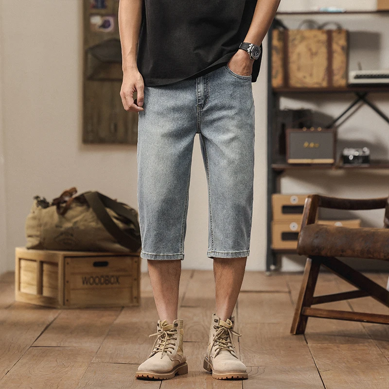 2025 New American retro cropped men wide leg jeans Y2k Gothic washed loose straight casual couple shorts sweatpants