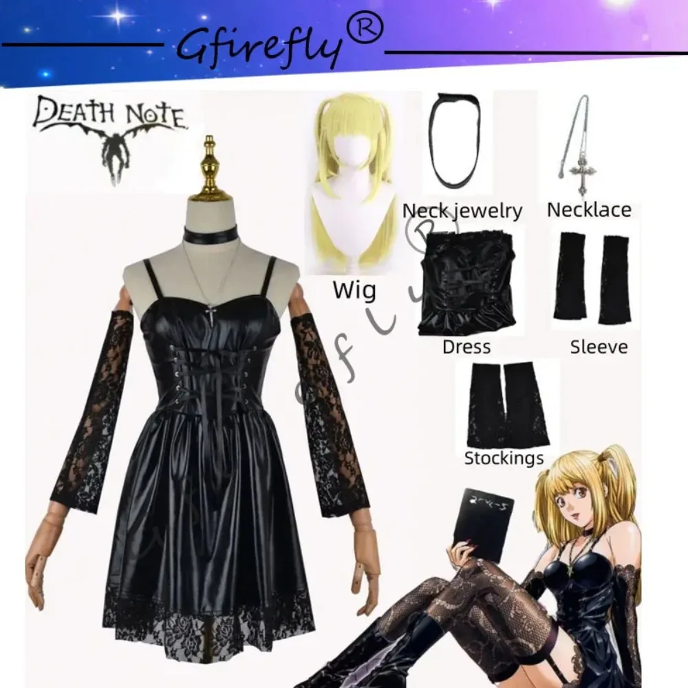 Misa Amane Death Note cosplay costumes Imitation Leather Sexy Dress Necklace Lace Sleeves Stockings Women Uniforms Anime Outfits