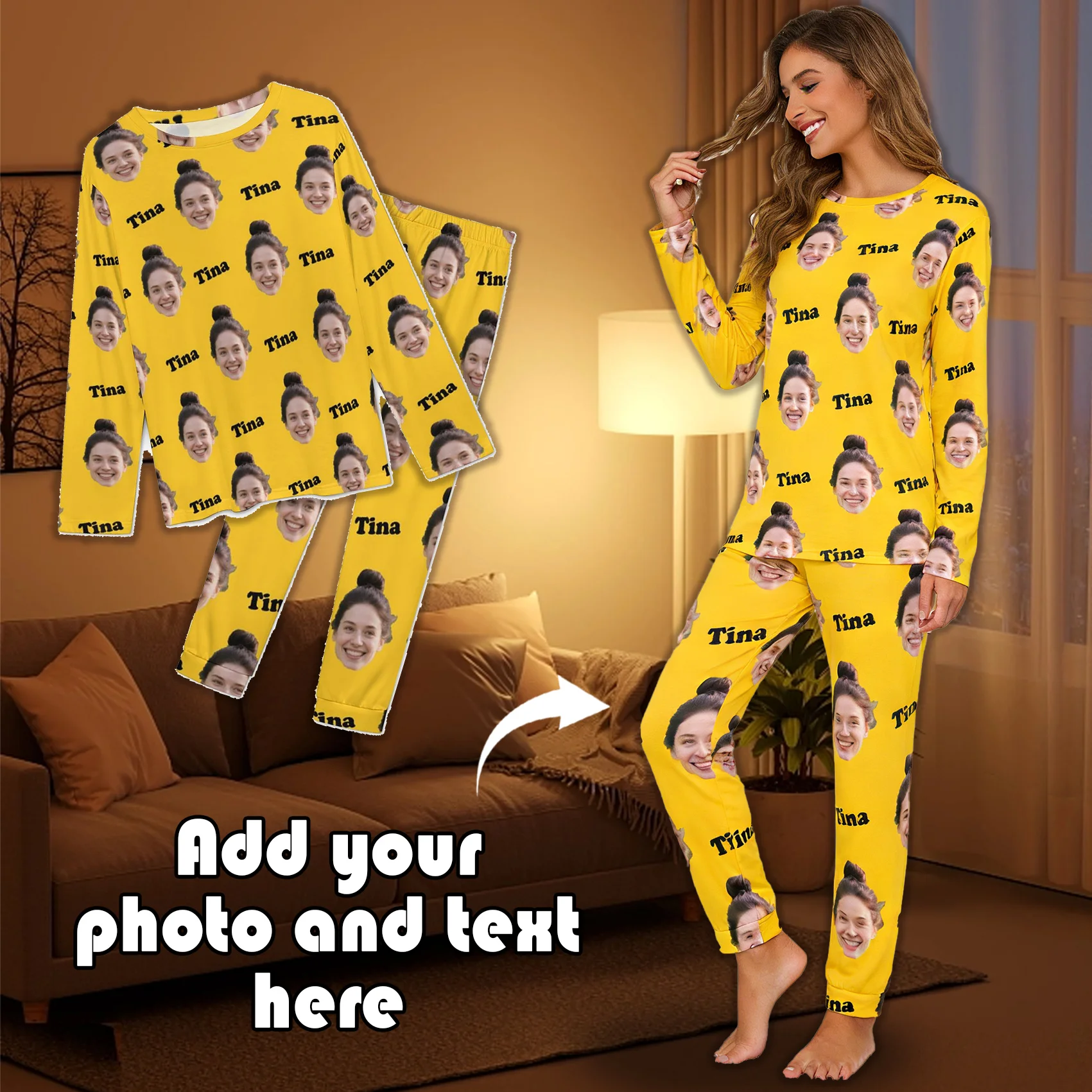 Custom Crew Neck Pajama Set Personalized Images and Text Gifts Couples Spouses Friends Pets Family