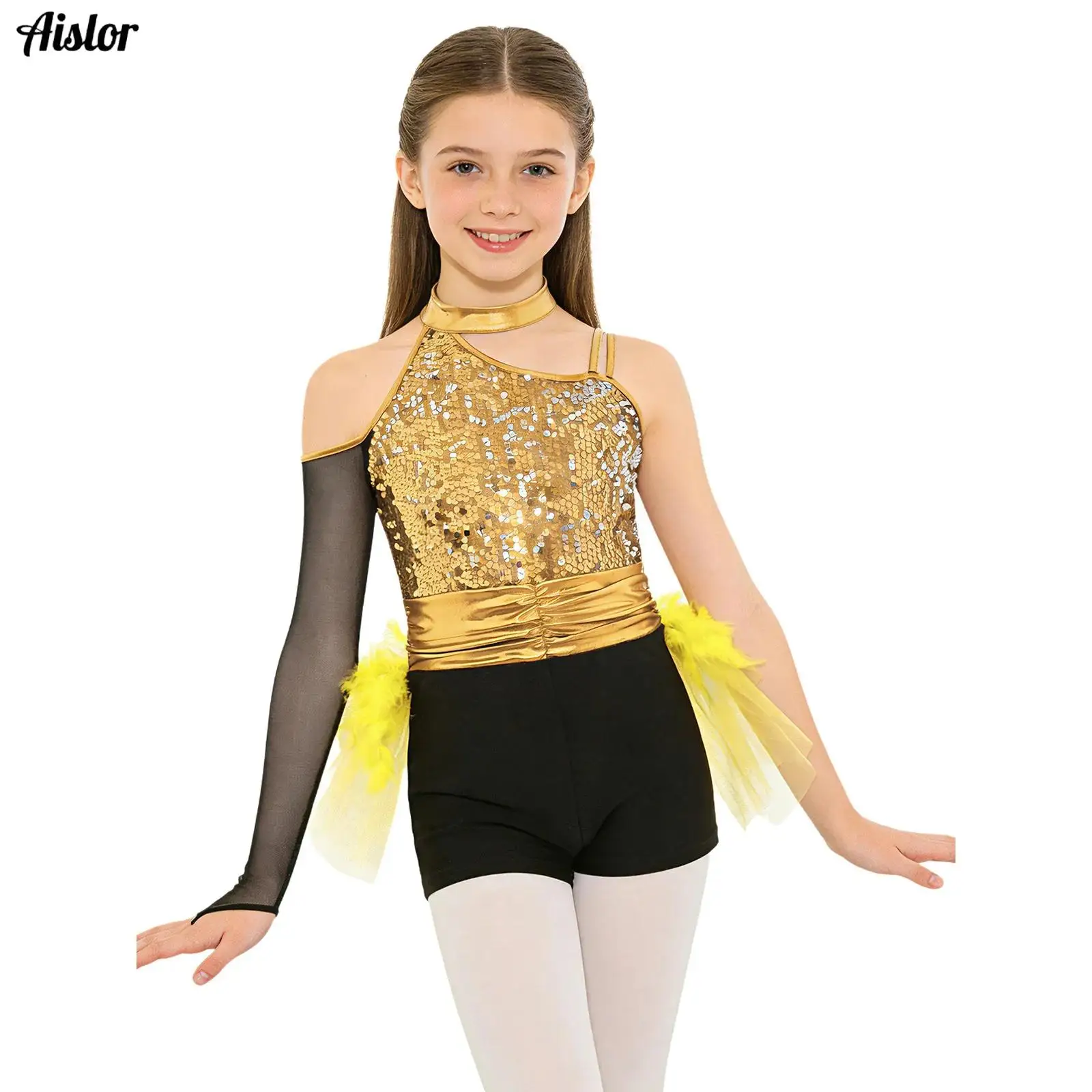Kids Girls Latin Jazz Dance Jumpsuit One Shoulder Sparkly Sequins Bodice Feather Tulle Tutu Skirted Leotard Stage Competition