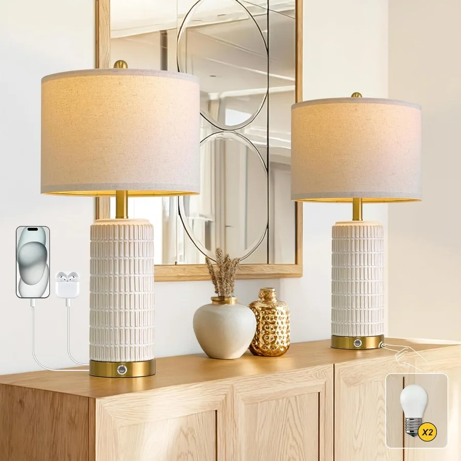 Touch Bedside Table Lamps with USB Ports for Bedroom Living Room 25'' Dimmable Nightstand Touch Lamps for Living Room Modern Ce