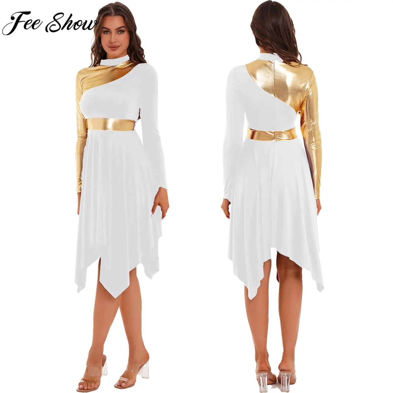 Women Modern Lyrical Dance Dress Waltz Ballroom Performance Costume Church Choir Worship Gown Long Sleeve Shiny Dancewear