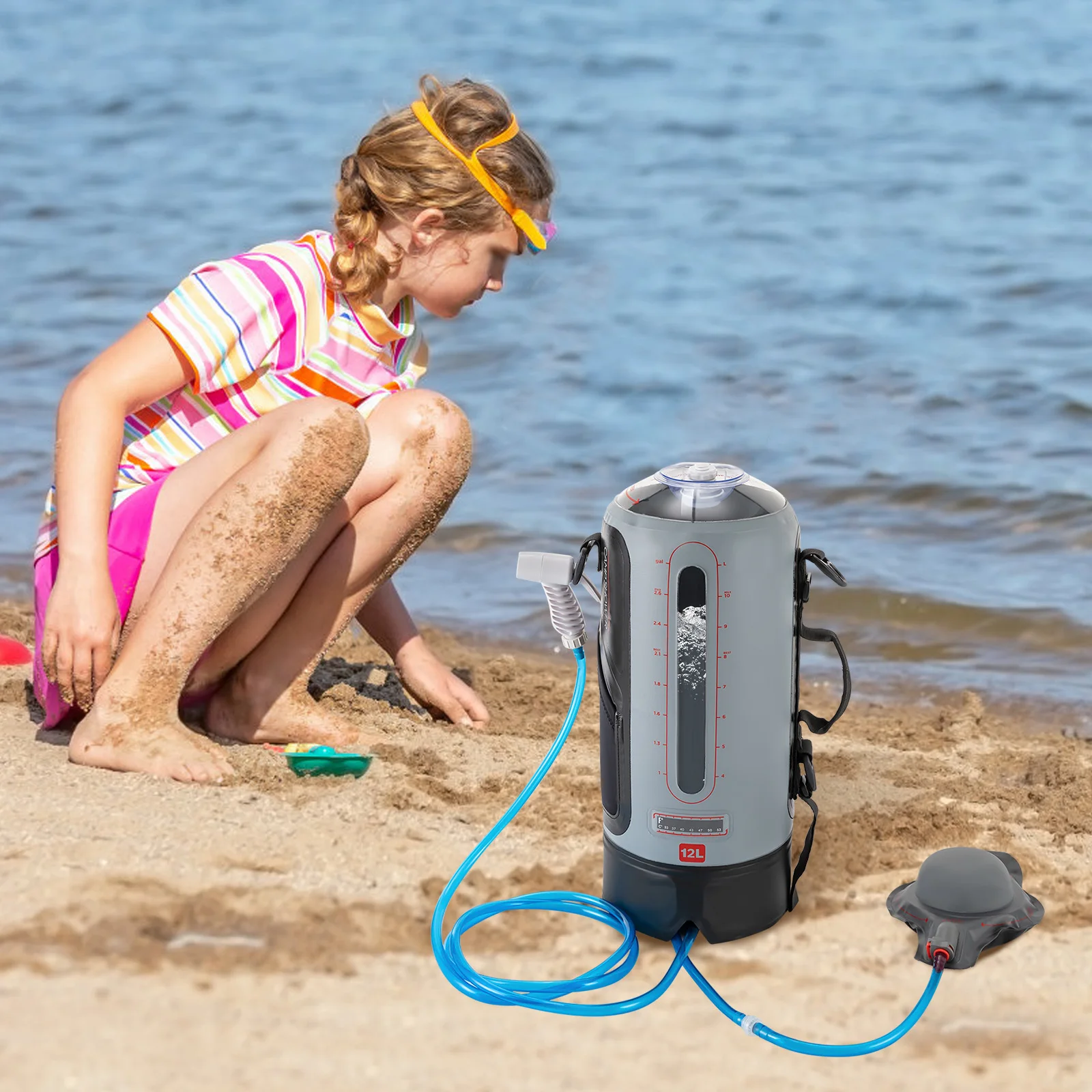 12L Camping Shower Solar Shower Garden Shower with Pump Head Portable and Removable Hose