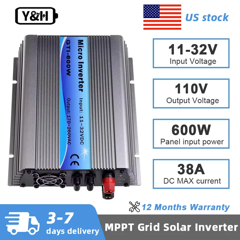 Y&H 600W MPPT Solar Grid Tie Inverter DC11-32V to AC110V Pure Sine Wave Inverter or 24V Battery Discharge Mode Solar System