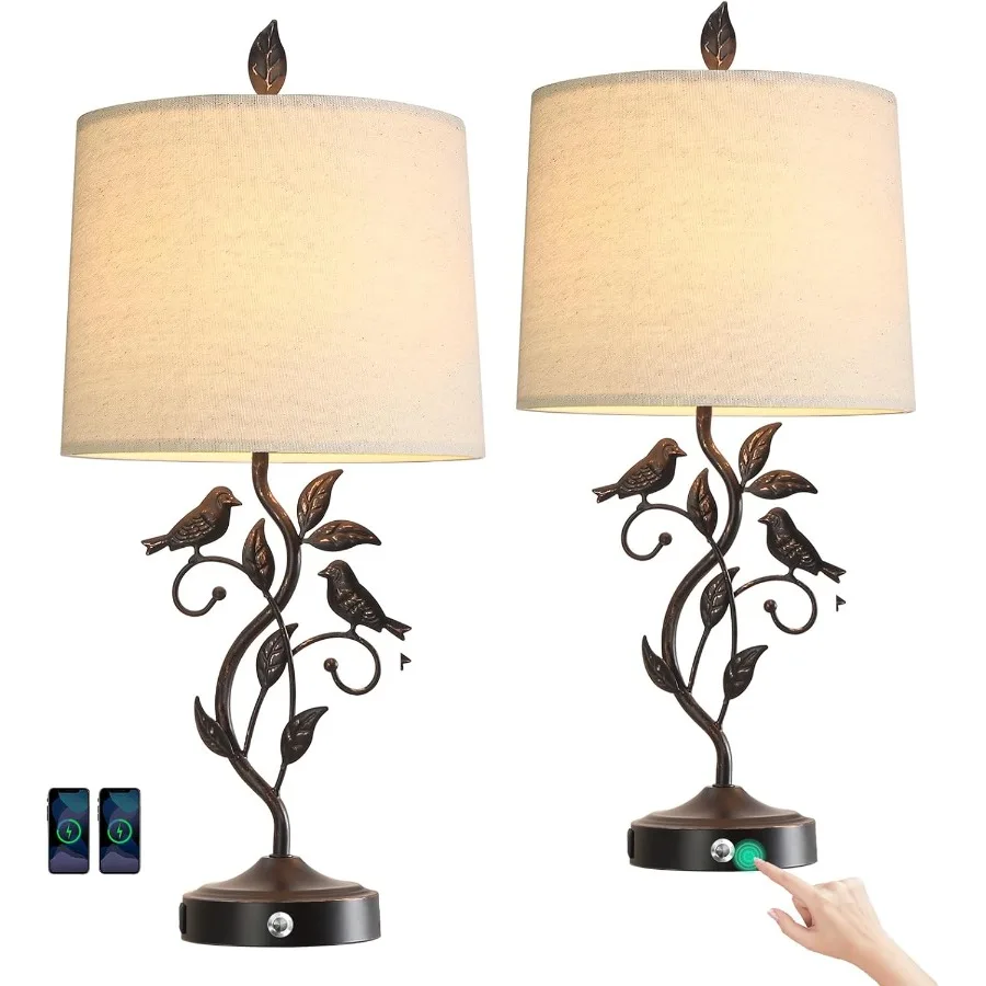 27" Set of 2 Touch Farmhouse Table Lamps for Living Room with 3-Way Dimmable 2 USB Ports Vintage Rustic Iron Leaf Nightstand La