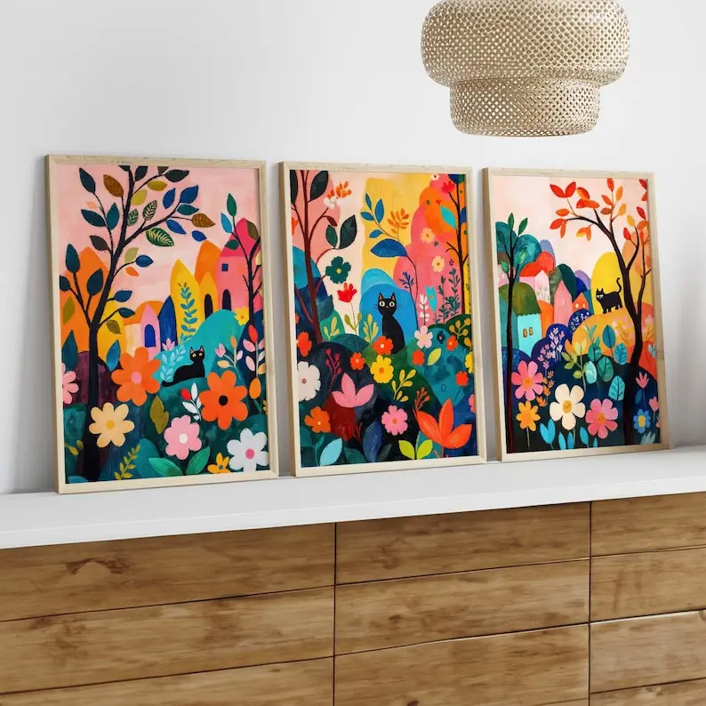 3pcs Modern Garden Black Cat Wall Art Prints, Unframed Black Cat in Garden Wall Art Poster, Nursery Wall Art for Cat Lovers Gift
