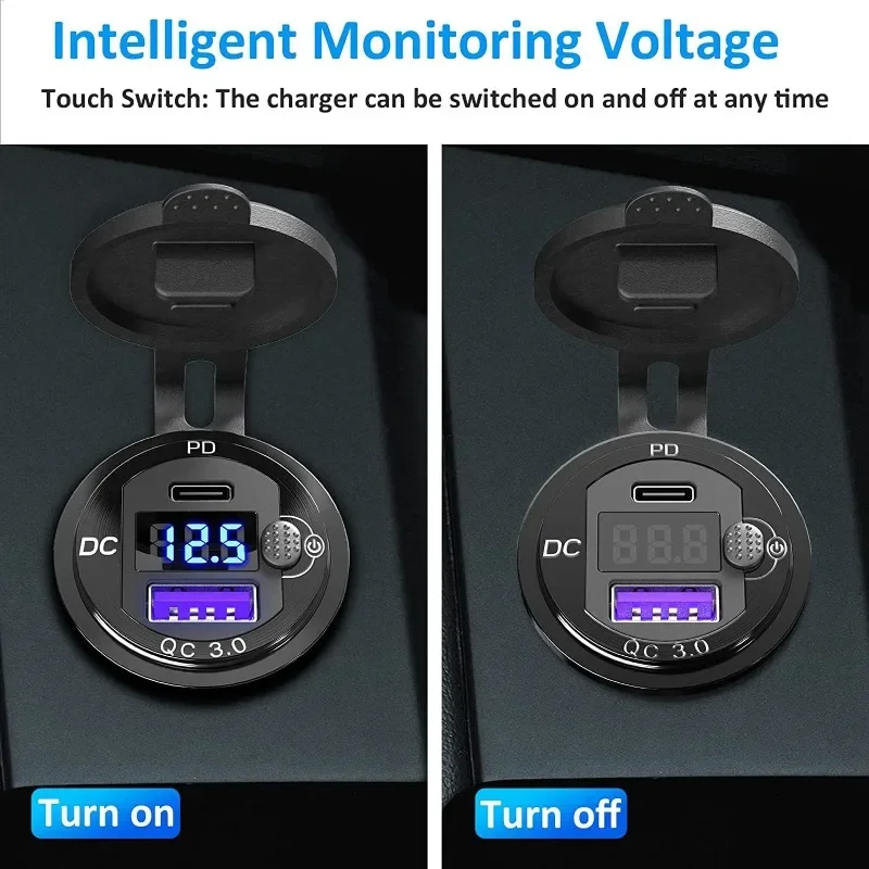 Digital Voltage Display Car Charger, Aluminum Alloy Fast Charger with Built-in Cable, Quick Charge 3.0 Adapter for Car/Truck/RV