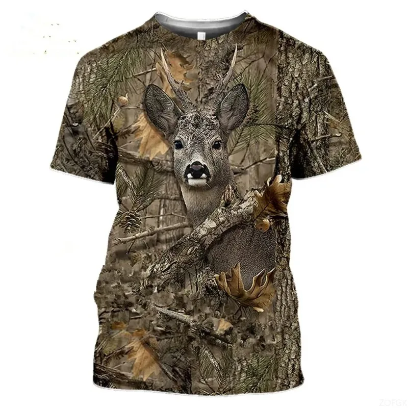 Male and Female Camouflage Hunting Animal 3D T-shirt with Deer, Wild Boar, Wolf Pattern Short Sleeved Shirt