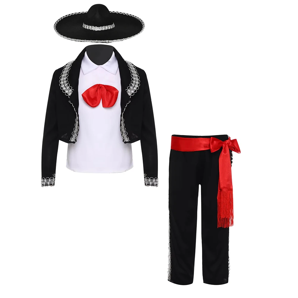 Boy Mexican Costume Kids Traditional Mariachi Amigo Dance Cosplay Costumes Halloween Mexican Cosplay Bowtie Belt Suit Outfit